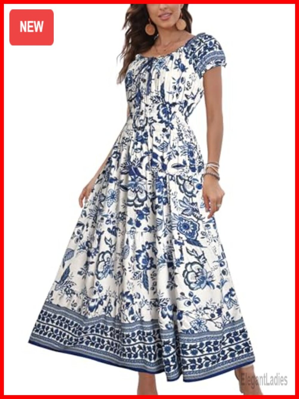 OSTOO Women's Maxi Dress Short Sleeve Boho Floral Tiered Flowy Summer Long